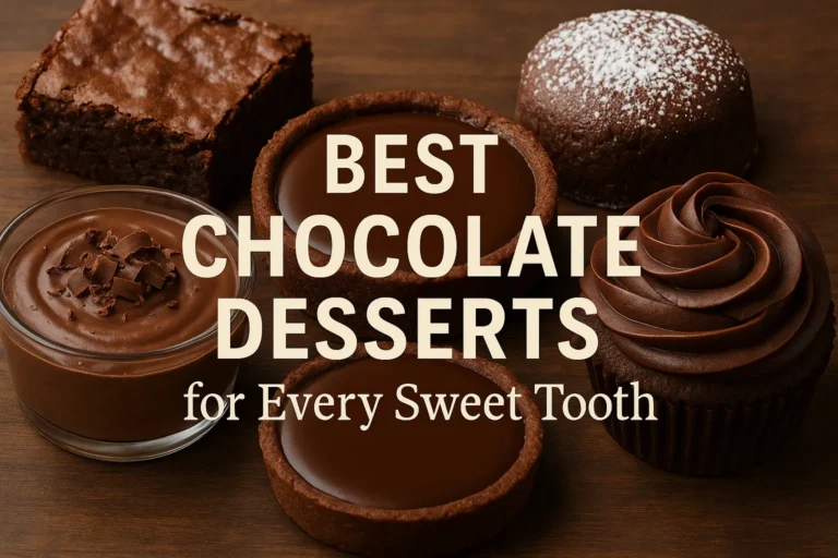 A close-up of four rich chocolate desserts — a brownie, a lava cake, a chocolate mousse, and a cupcake — arranged on a wooden surface with the text “Best Chocolate Desserts for Every Sweet Tooth.”