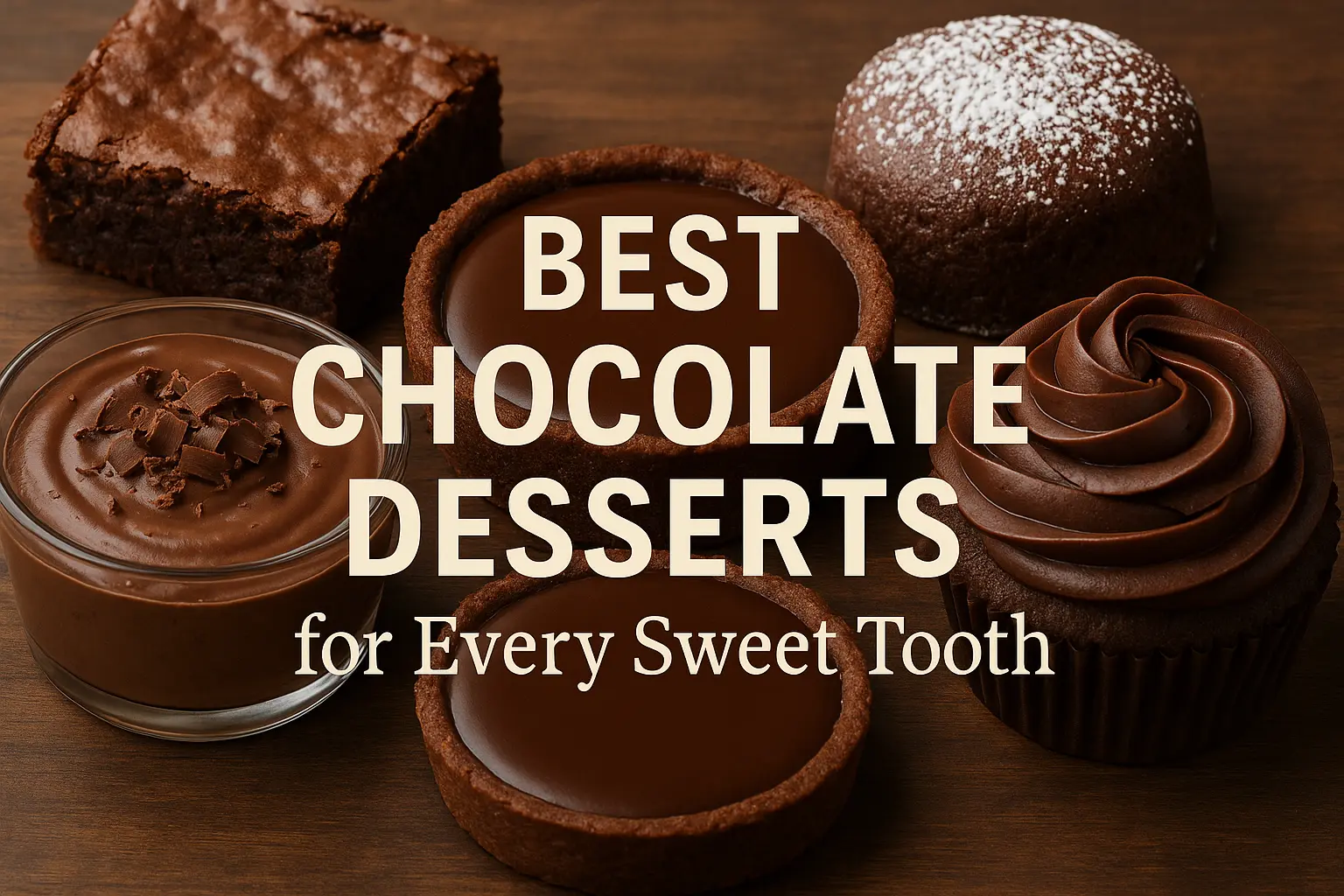 A close-up of four rich chocolate desserts — a brownie, a lava cake, a chocolate mousse, and a cupcake — arranged on a wooden surface with the text “Best Chocolate Desserts for Every Sweet Tooth.”