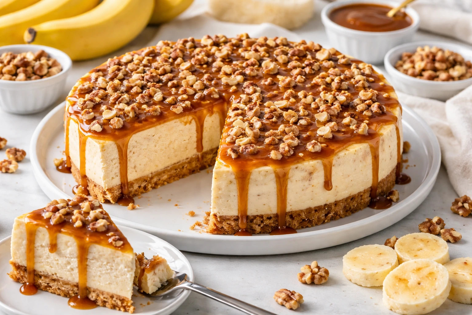 Creamy Banana Caramel Nut Cheesecake Recipe